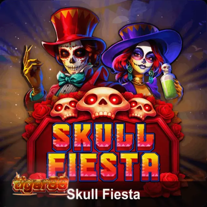 Tampilan visual slot Skull Fiesta dengan tema Day of the Dead yang penuh warna dan tengkorak hias.
